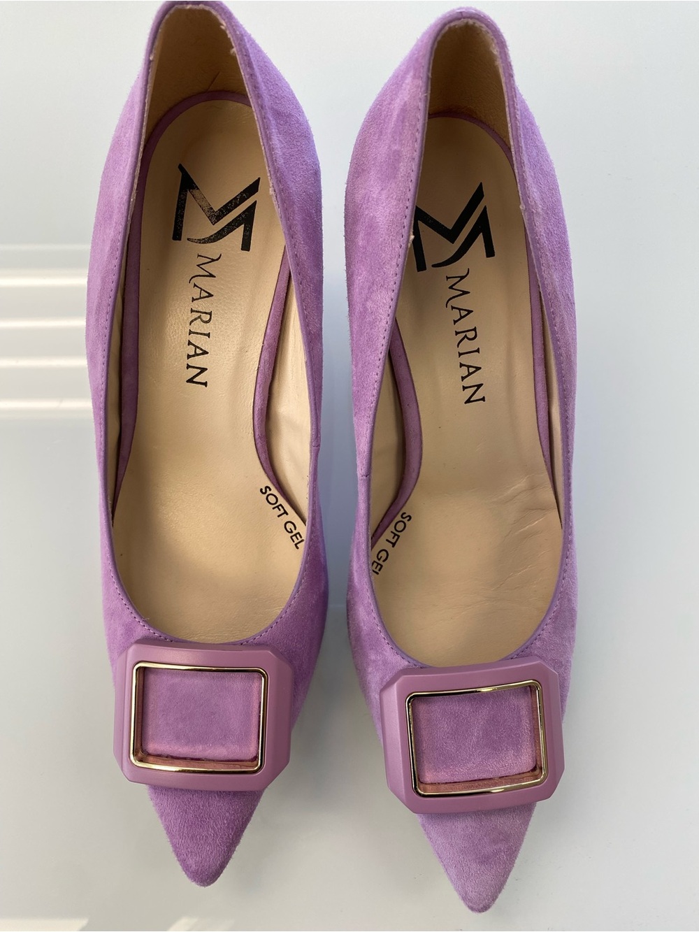 Marian Lilac Suede Pointed-Toe Heels with Square Buckle SZ 8